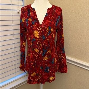 Anthropologie Maeve Red Floral Viscose Pintucked Blouse Woman's Small